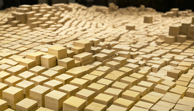 Close-up perspective of a sculpted wooden surface formed by dense square pillars of varying heights with sculpture abstract topography geometric material background installation creative