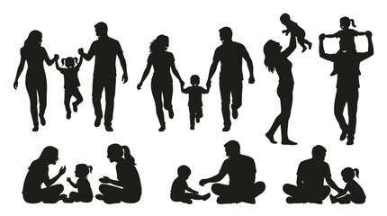 Obraz premium Black vector illustration set featuring silhouettes of happy families engaging in various fun recreational activities