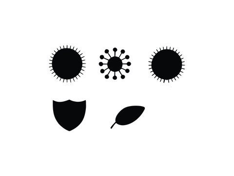 Black silhouettes of virus cells and shield and leaf icons on white background