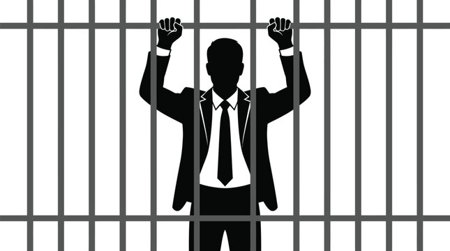 Silhouette vector illustration of a businessman in a suit standing behind dark metal prison bars