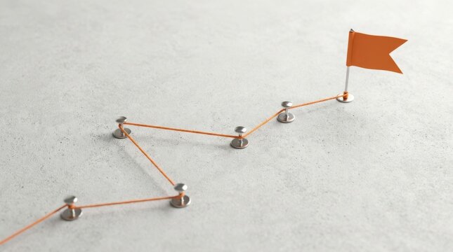 Orange thread connecting black pins to orange flag on white background