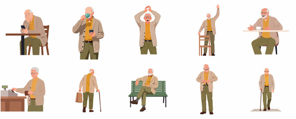Elderly man character set in various daily activities and emotions, flat vector illustration of a grandfather's lifestyle