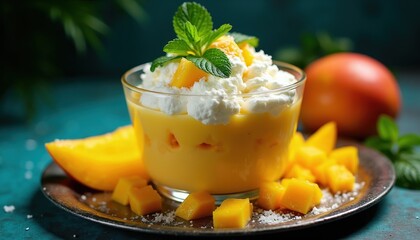 Fototapeta na wymiar Yellow mango pudding in glass topped with cream and mint. Fresh mango chunks surround dessert on plate. Sweet tropical treat served with coconut and zest.