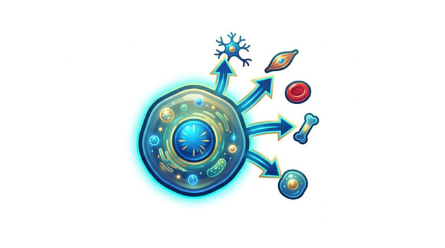 Cellular differentiation concept with various cell types emerging.