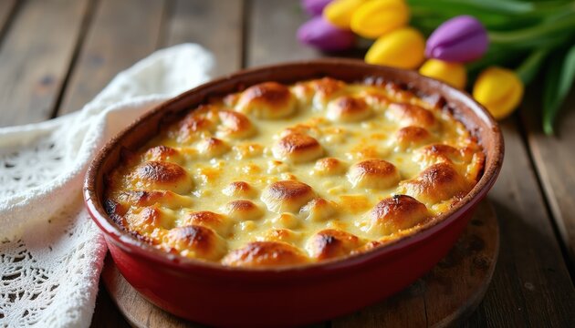 Belgian endive chicken bake with golden cheese crust. Creamy dish in red casserole. Comfort food served in soft winter light with tulips background. Delicious baked meal.