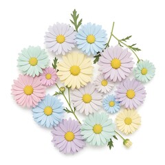 Fototapeta premium Delicate white daisies with butterflies on soft pastel background.