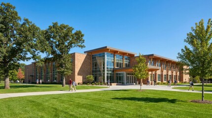 Fototapeta premium Modern school building with glass facade and green lawn