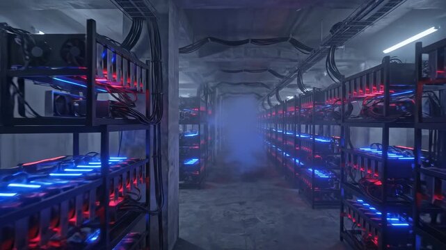 Cryptocurrency Mining Farm Server Room with Glowing Blue Lights