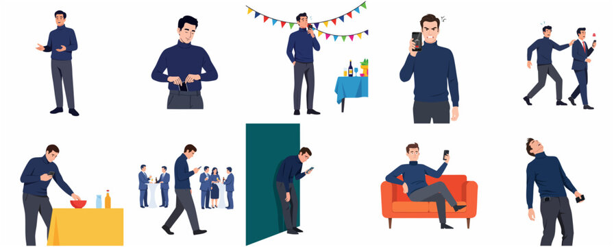 Young man struggling with smartphone addiction and nomophobia in various social and private situations set