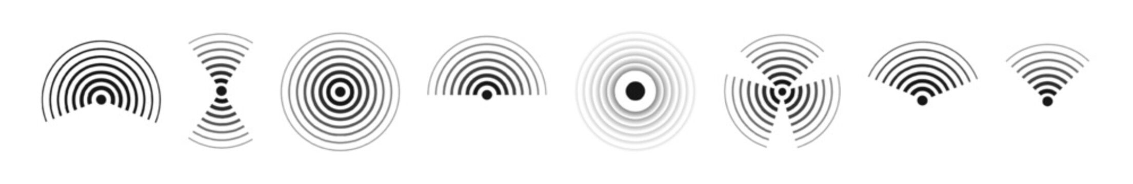 Sonar pulse patterns with ripple effects for technology projects. Isolated vector graphics showing signal frequencies, radio transmission symbols and digital monitoring displays.