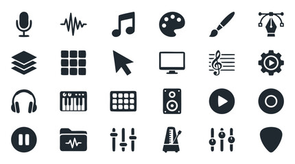 Creative Music Production and Media Vector Icon Set of Twenty Four Unique Symbols Including Microphone Waveforms Sound Waves Audio Mixers Records Instruments and Digital Recording Equipment © RobinKumar