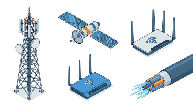 Detailed isometric vector collection showcasing telecommunication infrastructure including cell towers, orbital satellites, network routers, and high-speed fiber optic cabling systems globally.