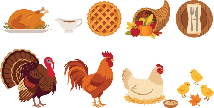 Thanksgiving and Farm Harvest Cartoon Illustration Set Featuring Roast Turkey, Pie, Cornucopia, Table Setting, Turkey, Rooster, Hen, and Chicks