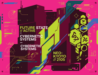 Obraz premium Cybernetic Systems Future State Active Neo Kyoto HUD Futuristic City Background