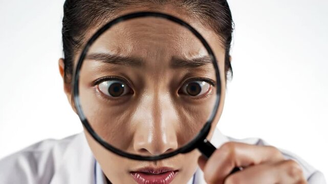 Woman scientist looking through magnifying glass with surprised expression.