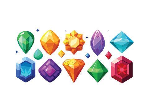Colorful cartoon precious stones and gems on white background