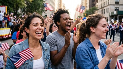 Naklejka premium Diverse group of happy people cheering and waving American flags at a street parade.