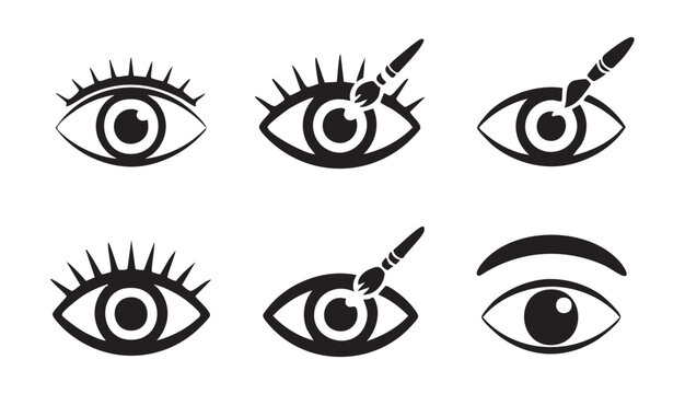 Six black eye icons showing eye makeup application and eyebrow grooming.