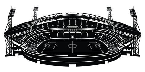 Soccer stadium silhouette vector illustration with empty football arena pitch line art grandstand floodlight roof view graphic © Md Robin Hasan