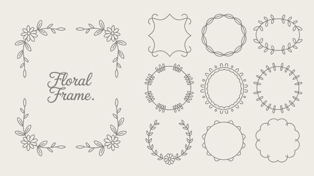 Floral ornament collection featuring delicate line drawn wreaths and corner elements on a light beige background flower frame botanical illustration