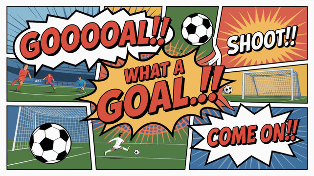 Soccer scene illustration in comic style with speech bubbles and a soccer ball vibrant colors football sport game match stadium