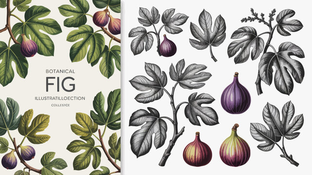Fig botanical illustration collection showcases detailed leaves and purple fruit against a white background figs ficus fruits vector drawing plant