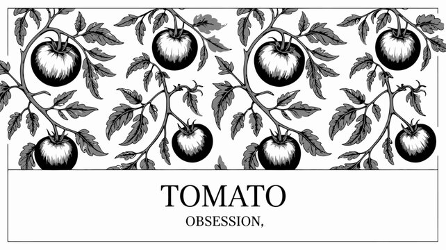 Detailed black and white tomato vine pattern with rounded fruits and serrated leaves on a white background tomatoes foliage plant