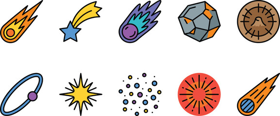 Collection of colorful flat icons representing celestial bodies and cosmic events during a clear night sky © MDMOJIBAR