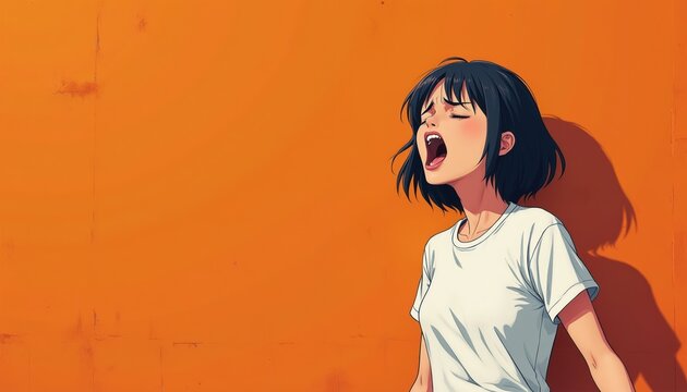 Frustrated young woman yells against orange wall. She releases anger and stress with loud scream. Female emotion of built up tension and cathartic release is shown.