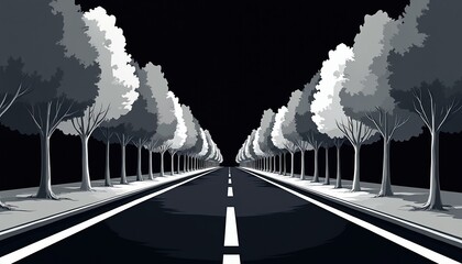Fototapeta premium Empty straight asphalt road with white lines at night, flanked by symmetrical rows of trees. Dark monochrome graphic illustration with minimalist style, suitable for concept of journey, solitude,
