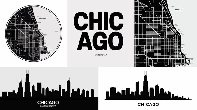 Chicago city maps and skyline silhouettes against a white background a graphic representation of urban planning map plan street network