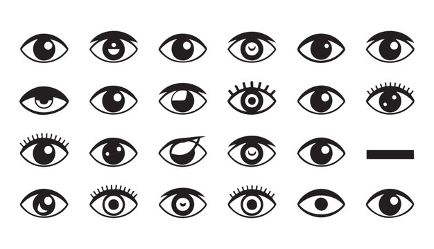 Diverse eye icon collection displaying various vision patterns and lash styles for digital projects.