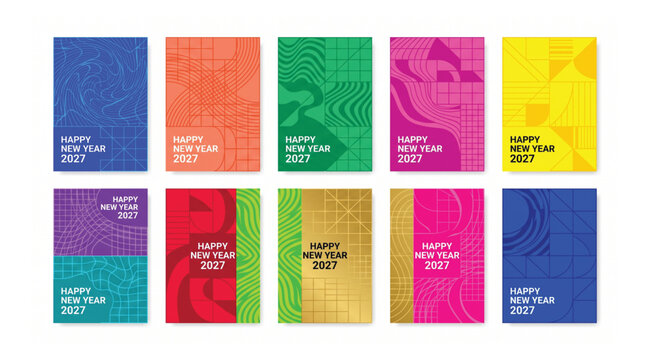 Set of ten colorful happy new year 2027 vertical card designs with abstract geometric patterns multi coloured colorful abstract geometric celebration greeting collection template creative