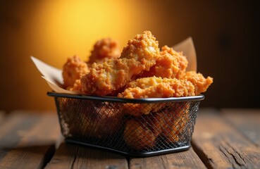 Obraz na płótnie Canvas Basket filled with crispy fried chicken pieces. Golden brown chicken tenders and nuggets sit on wood table. Delicious comfort food served hot and fresh for a meal.