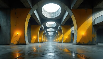 Fototapeta premium Endless concrete tunnel corridor with yellow walls and circular openings. Bright sunlight streams through roof gaps, illuminating wet floor. Small lights glow along walls.