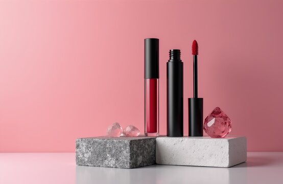 Black cosmetic tubes for mascara lip gloss eyeliner oil products on stone blocks. Red lip gloss in clear tube, black mascara tube with applicator wand. Pink background with crystal gems.
