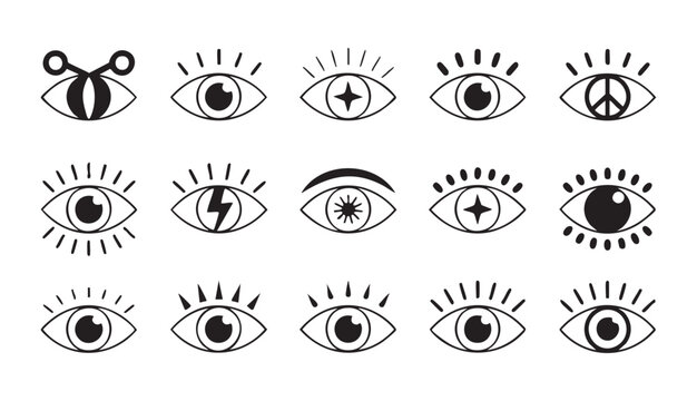 Minimalist eye icon collection featuring different pupil styles with artistic eyelash variations set.
