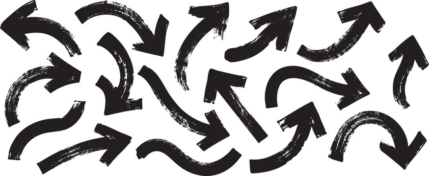 Various Bold Brush Drawn Curved Arrows Collection &ndash; Hand Drawn Grunge Direction Pointers Vector Set