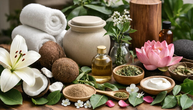 Ayurveda wellness spa concept with natural skincare products and herbs ayurveda wellness skincare cosmetics treatment lifestyle essential selfcare botanical traditional holistic