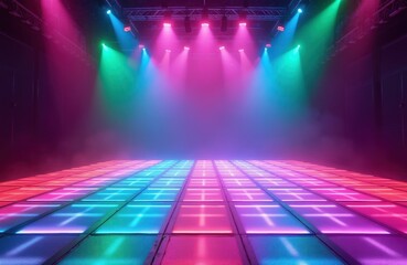 Fototapeta premium Illuminated dance floor with stage lights in nightclub. Neon grid reflects colors from spotlights. Empty venue for party, rave, disco, concert.