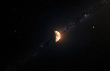 Obraz premium Partial moon glows in vast dark cosmos. Stars and milky way band stretch across black sky. Another small planet visible nearby. Cosmic celestial scene.