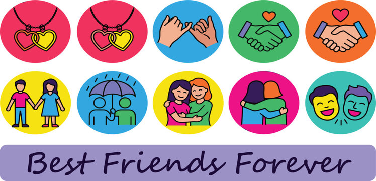 Best Friends Forever Friendship Day Vector Icon Set with Interlocking Hearts, Handshake, Pinky Promise, and Friends Hugging Symbols