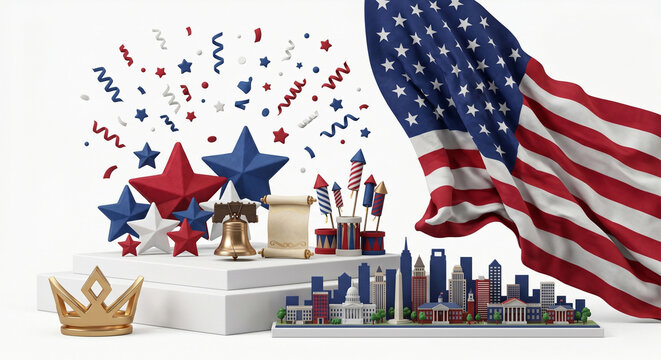 USA Independence Day 3D Background with American Flag and Fireworks