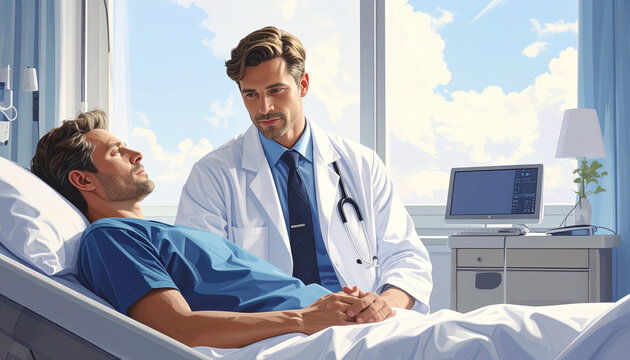
A professional senior physician and a smiling nurse talk to a patient while looking at an x-ray on a computer at the clinic desk
