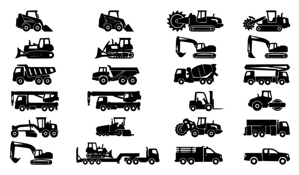Black Construction Vehicle Icon Set with Excavators Bulldozers Dump Trucks and Cranes