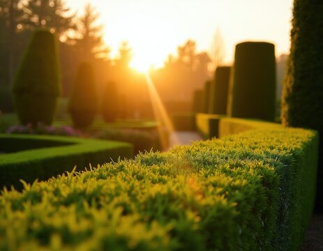 Sunrise illuminates manicured garden hedges. Green topi shapes line path, morning sun rays stream through mist. Rich plants create formal landscape.