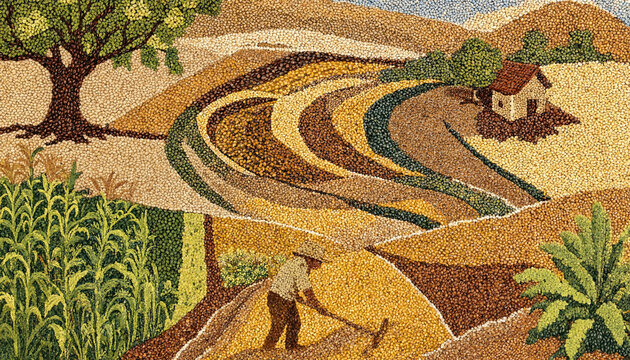 Pointillism mosaic style painting of a farmer working in a sunlit agricultural field landscape with rural life agriculture painting pointillism landscape cultivation countryside colorful