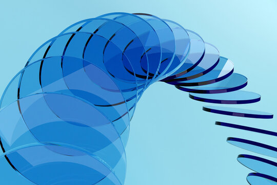 Blue translucent spiral discs abstract composition for modern design background and futuristic technology banner artwork .3d render