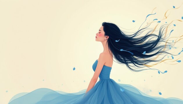 Young Asian woman in blue gown with flowing dark hair. She stands still, eyes closed, feeling a gentle breeze. Elements of nature, like blue petals and golden ribbons, swirl around her.
