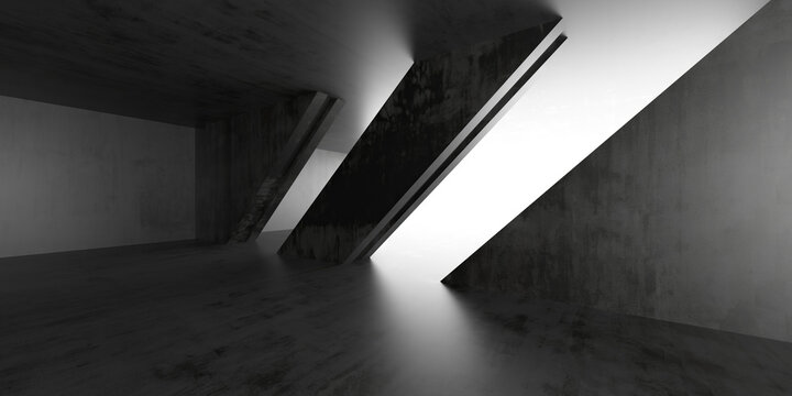Minimal concrete interior corridor with dramatic diagonal light beams and skylight opening for architectural background and moody scene design.3d render